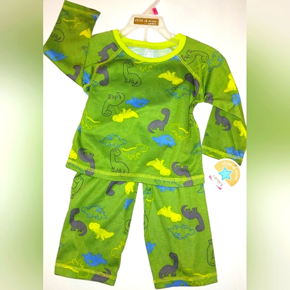 ☆NWT☆Toddler Loose Fit Green Dinosaur 2pc Long Sleeve Top & stretch Pant Pajamas
